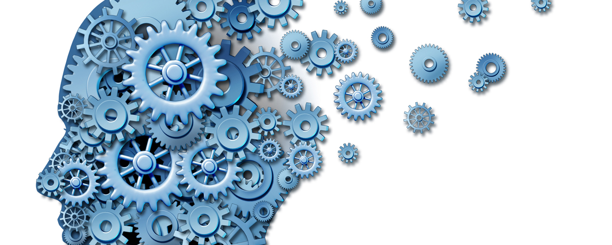 Head-shaped arrangement of interlocking gears symbolizing healthcare technology